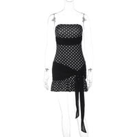 Fashionable polka dot print strapless dress with contrasting patchwork and tie-up details - Thumbnail 5