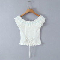 Color-blocked perforated lace off-shoulder button-down shirt - Thumbnail 2