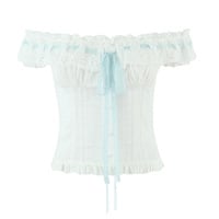 Color-blocked perforated lace off-shoulder button-down shirt - Thumbnail 3