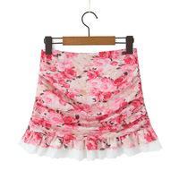 High-waisted floral print ruffled side slit bodycon mini skirt - Thumbnail 1