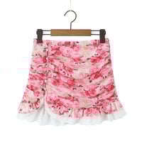 High-waisted floral print ruffled side slit bodycon mini skirt - Thumbnail 3