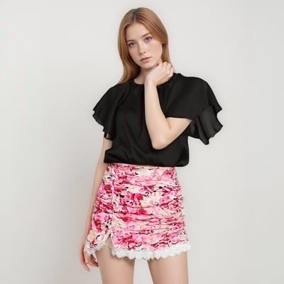 High-waisted floral print ruffled side slit bodycon mini skirt