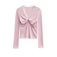 V-neck, knotted lace trim, long-sleeved pullover T-shirt - Thumbnail 1