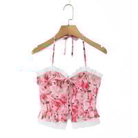 V-neck halter neck tie floral print ruffle top - Thumbnail 1