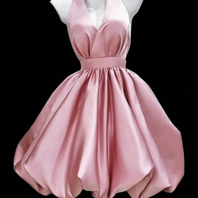 Pink v-neck satin short/mini prom party dress