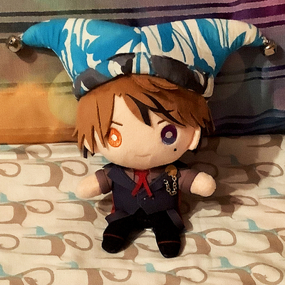 Mini plush jester hat blue gray and white