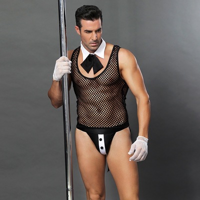 Sexy fishing net mesh tops cosplay uniform police pilot costume men's lingerie - Thumbnail 5