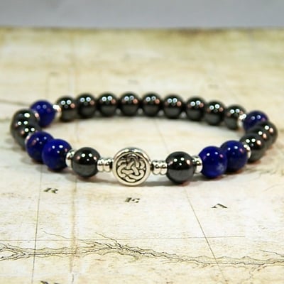 Hematite & lapis lazuli celtic men’s bracelet – strength, wisdom & timeless style
