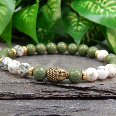 Tree agate & green serpentine men’s bracelet with brass buddha – harmony, protection & inner peace