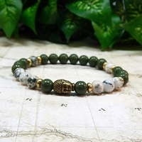 Tree Agate & Green Serpentine Men’s Bracelet with Brass Buddha – Harmony, Protection & Inner Peace - Thumbnail 1
