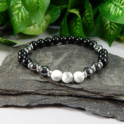Howlite, Hematite & Black Chalcedony Men’s Bracelet – Strength, Calm & Grounded Confidence