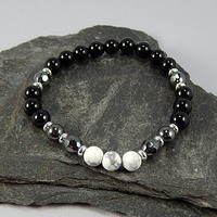 Howlite, Hematite & Black Chalcedony Men’s Bracelet – Strength, Calm & Grounded Confidence - Thumbnail 1