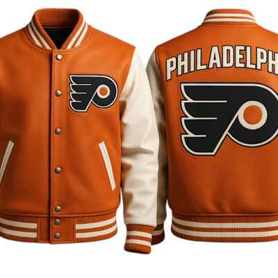 Crafted leather men orange white leather varsity jacket motorcycle - Thumbnail 1