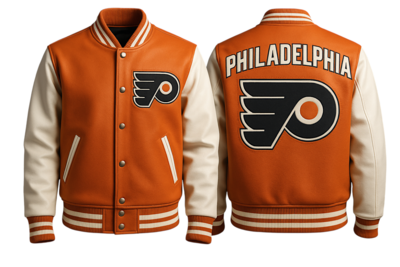 Crafted Leather Men Orange White Leather Varsity Jacket Motorcycle