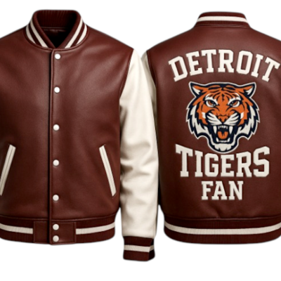 Crafted leather men brown white leather varsity jacket motorcycle - Thumbnail 2