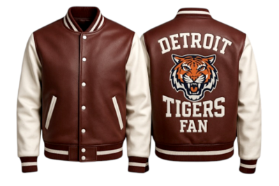 Crafted Leather Men Brown White Leather Varsity Jacket Motorcycle