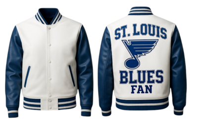 Crafted Leather Men Blue White Leather Varsity Jacket Motorcycle