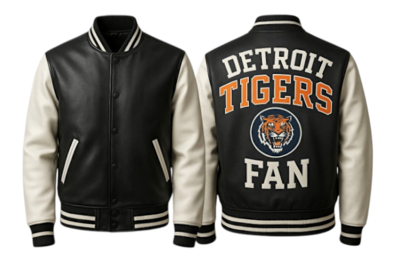 Crafted Leather Men Black White Leather Varsity Jacket Motorcycle