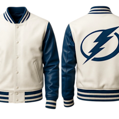 Crafted leather men blue white leather varsity jacket motorcycle - Thumbnail 3
