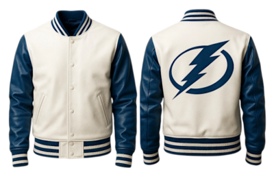 Crafted Leather Men Blue White Leather Varsity Jacket Motorcycle