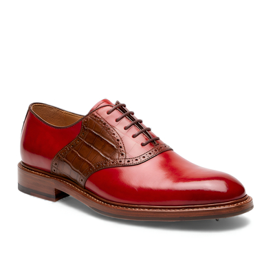 Crafted leather men’s red brown crocodile/alligator leather lace up saddle golf shoes