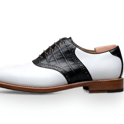 Crafted leather men’s white black crocodile/alligator leather lace up saddle golf shoes