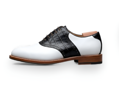 Crafted Leather Men’s White Black Crocodile/Alligator Leather Lace up Saddle Golf Shoes
