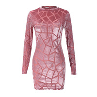 Round neck long sleeve flocked sexy short bodycon skirt - Thumbnail 5