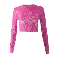 Mesh flocked round neck cropped versatile long-sleeved sexy top/T-shirt - Thumbnail 2