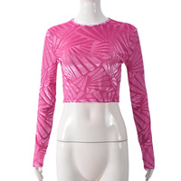 Mesh flocked round neck cropped versatile long-sleeved sexy top/T-shirt - Thumbnail 5