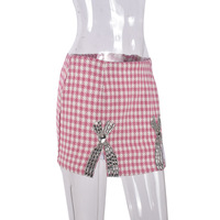 Slit Rhinestone Bodycon Houndstooth Midi Skirt - Thumbnail 1