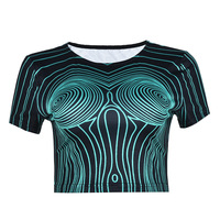 Fashionable and casual round neck long-sleeved sexy cropped printed fitted top - Thumbnail 2