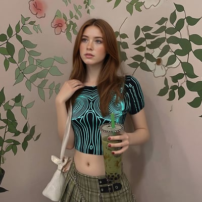 Fashionable and casual round neck long-sleeved sexy cropped printed fitted top