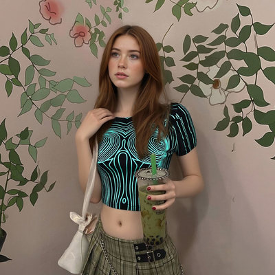 Fashionable and casual round neck long-sleeved sexy cropped printed fitted top