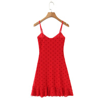 Retro low-cut embroidered heart mini slip dress with ruffled hem - Thumbnail 1