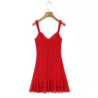 Sexy retro ruffled shoulder strap low neck heart mesh suspender mini skirt lace short skirt - Thumbnail 2