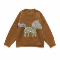 Soft and loose-fitting pony sequined crew neck long-sleeved pullover sweater - Thumbnail 1