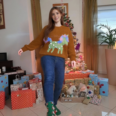 Soft and loose-fitting pony sequined crew neck long-sleeved pullover sweater