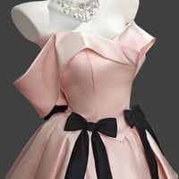 Blush Off-Shoulder Mini Dress with Black Bow Accents - Thumbnail 1