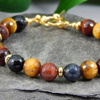 Faceted Tiger Eye Trio Bracelet – Blue, Gold & Red Gemstone Energy - Thumbnail 1