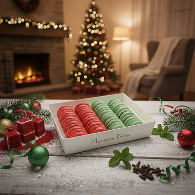 Macaron Bites: 24 French Macarons Gift Box – Red Velvet & Mint Chocolate Holiday Cookies Assortment - Thumbnail 6