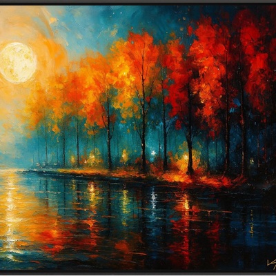 Moonlit ember grove - autumn reflections under a golden sky