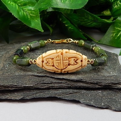 Nephrite Jade Gemstone & Bone Bracelet – Protection, Harmony & Ancient Earth Energy