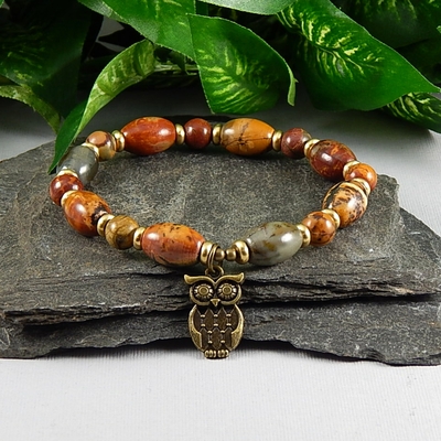 Picasso jasper & brass stretch bracelet with owl charm – wisdom, creativity & earth magic - Thumbnail 4