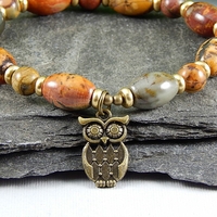 Picasso Jasper & Brass Stretch Bracelet with Owl Charm – Wisdom, Creativity & Earth Magic - Thumbnail 1