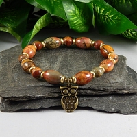 Picasso Jasper & Brass Stretch Bracelet with Owl Charm – Wisdom, Creativity & Earth Magic - Thumbnail 2
