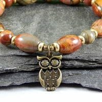 Picasso Jasper & Brass Stretch Bracelet with Owl Charm – Wisdom, Creativity & Earth Magic - Thumbnail 3