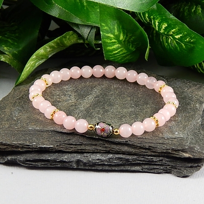 Rose Quartz Gemstone & Cloisonné Bead Stretch Bracelet – Love, Harmony & Timeless Elegance
