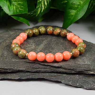 Salmon coral & unakite gemstone stretch bracelet – renewal, balance & ocean energy - Thumbnail 5
