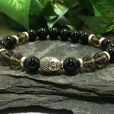Smokey quartz & black agate stretch bracelet with silver buddha – protection, calm & inner strength